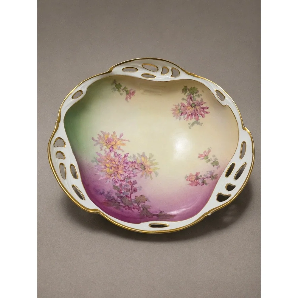 Antique Bavaria R&C Pierced Floral Serving Bowl Gold Trim Hand Painted 10.5